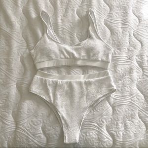 White Solid Ribbed Textured Bikini